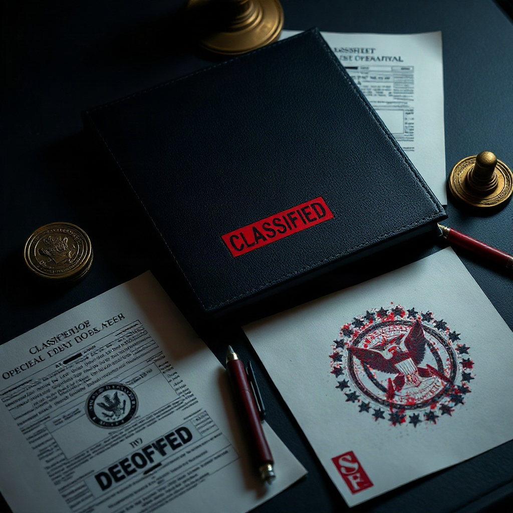 Classified dossier documents on a dark desk