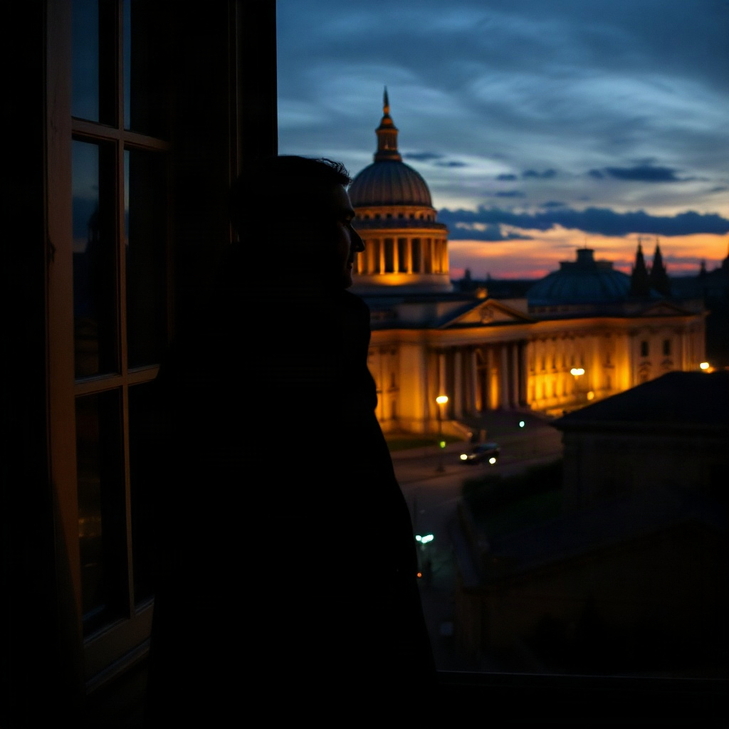 Shadowy figure overlooking parliament at dusk
