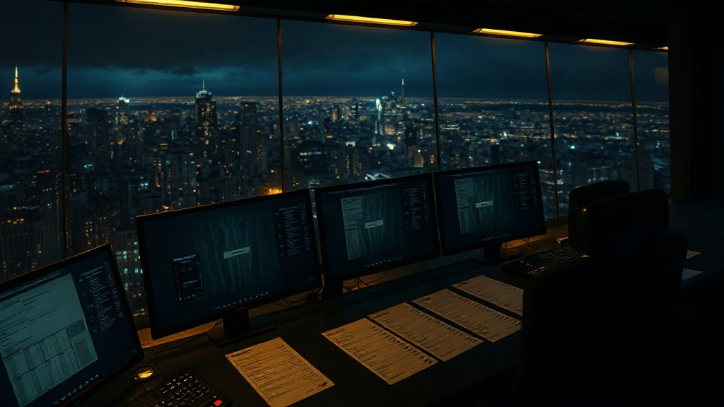 Noir command center overlooking a city at night